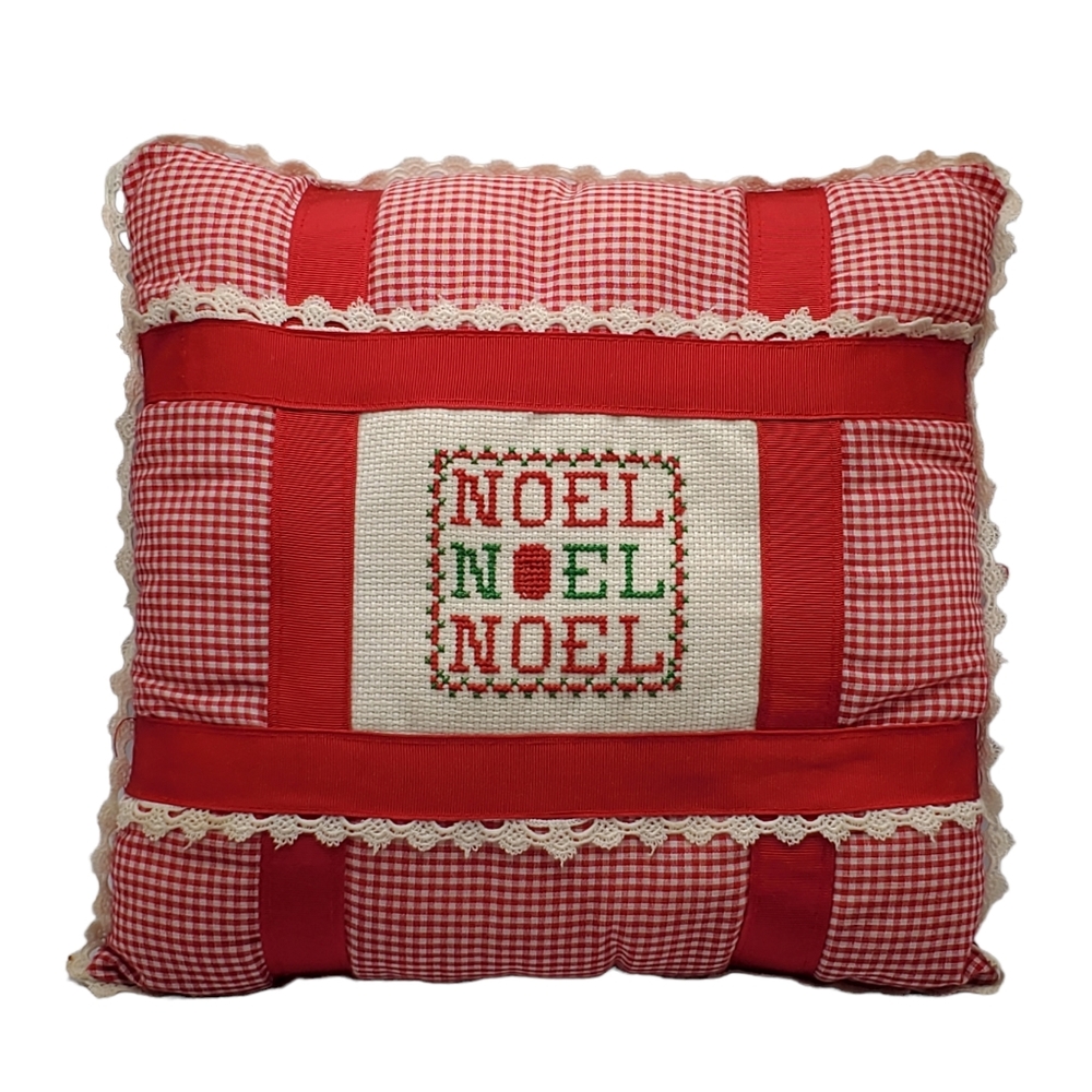Vintage MCM Handmade Noel  Christmas Pillow Embroidery Cross-Stitch 10x10